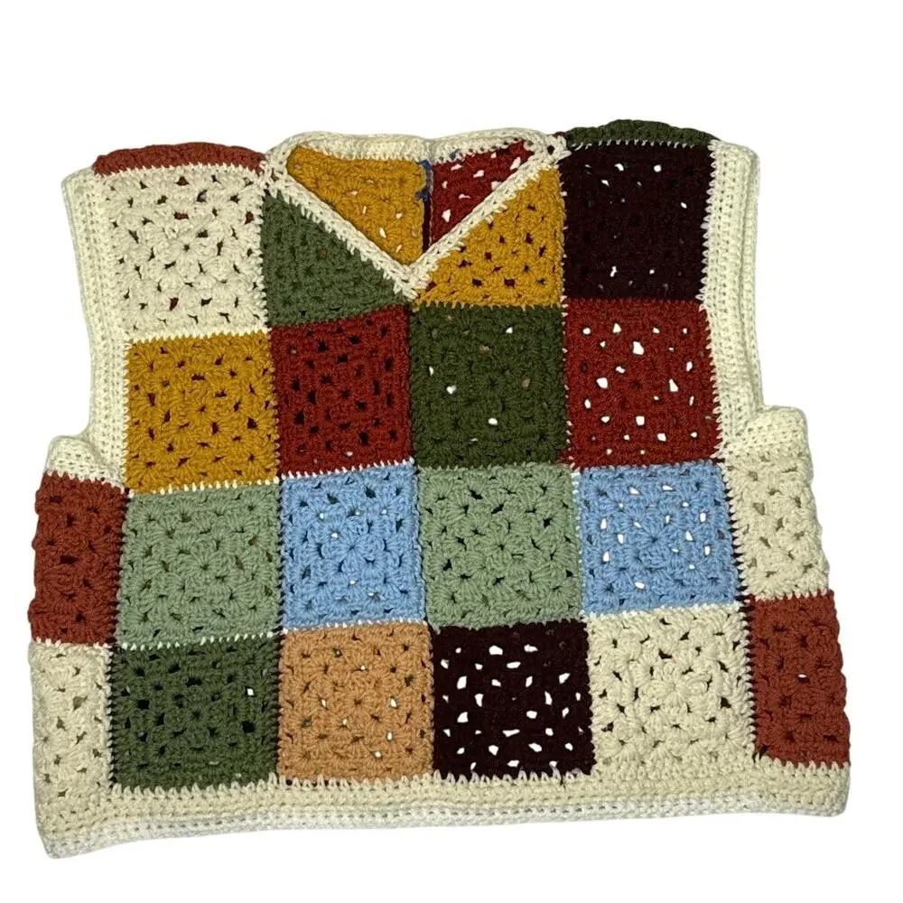 Vintage 1970s Style Handmade Crochet Granny Square Patchwork Vest Unisex XL